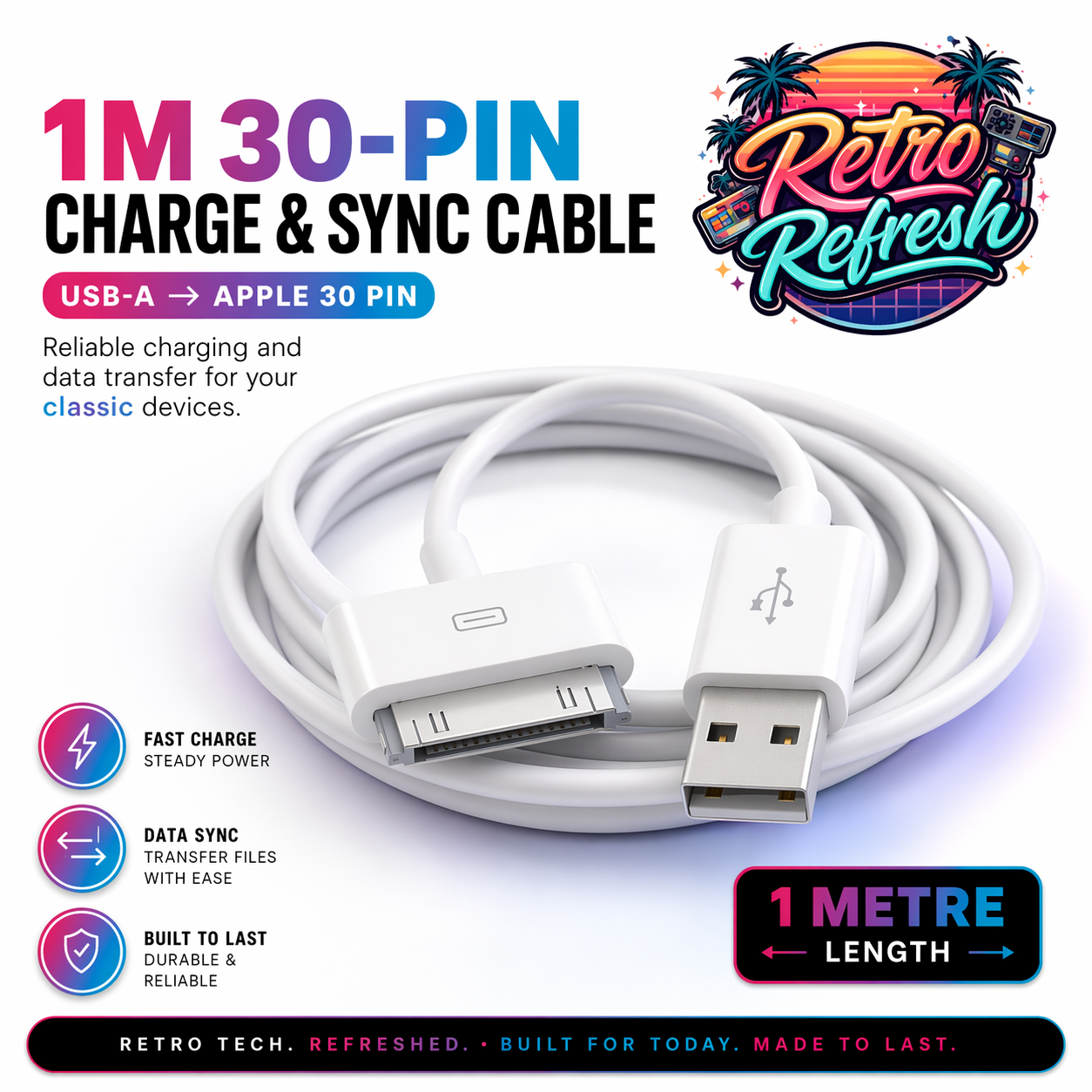 30-Pin Charge & Sync Cable (1M) – For iPod, iPhone & iPad