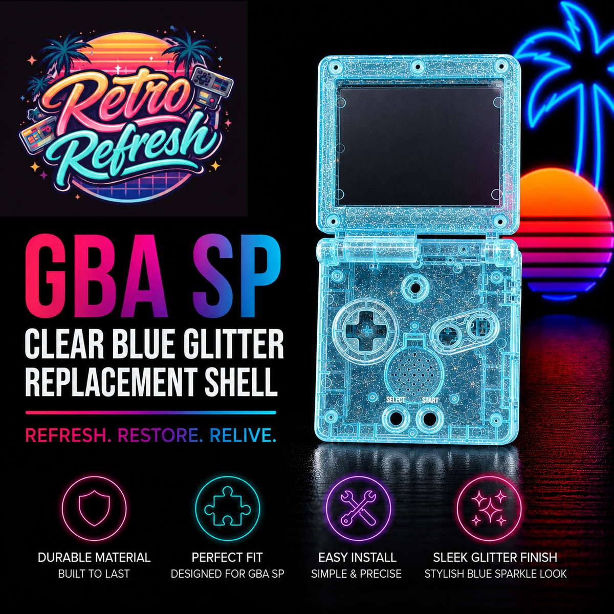 Game Boy Advance SP Full Replacement Shell Kit – Blue Glitter Housing with Buttons