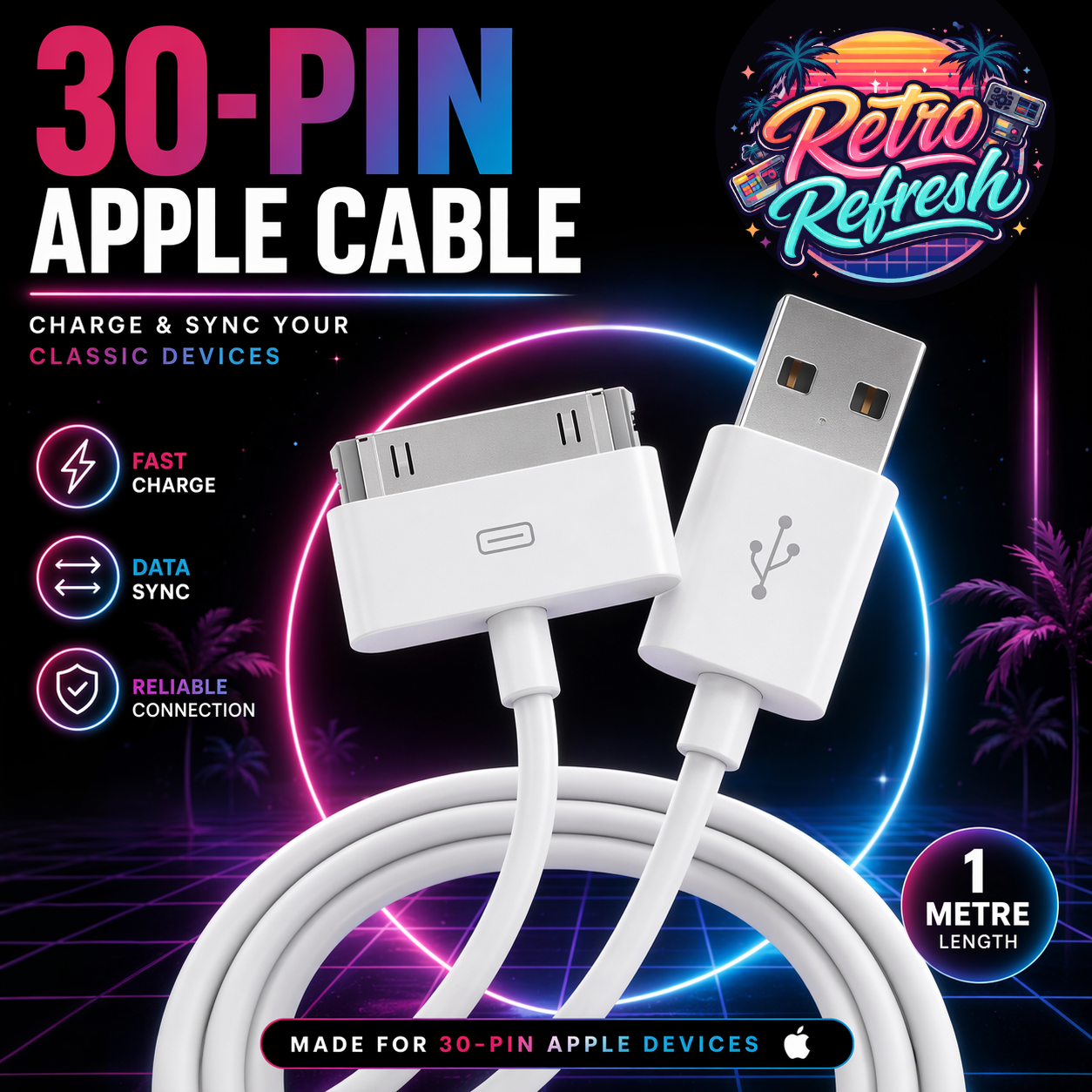30-Pin Charge & Sync Cable (1M) – For iPod, iPhone & iPad