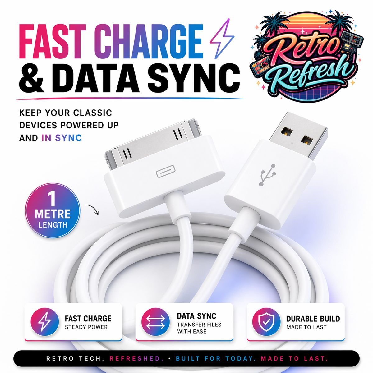 30-Pin Charge & Sync Cable (1M) – For iPod, iPhone & iPad