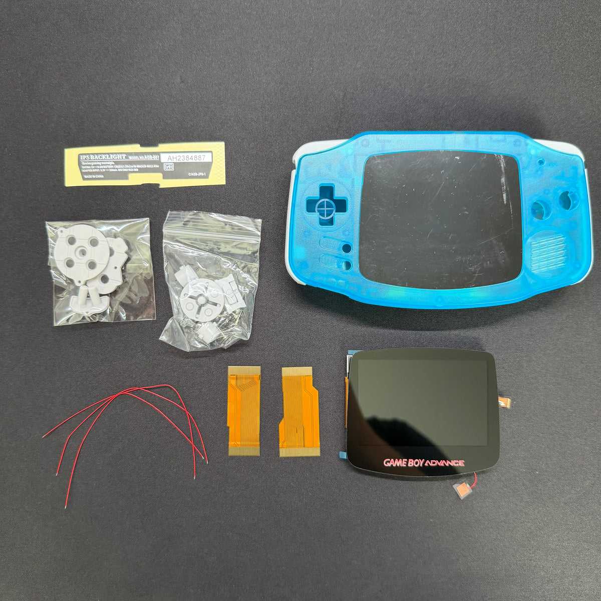 Game Boy Advance GBA Hispeedido V5 Laminated IPS LCD Drop-In Shell Kit + 1800mAh USB-C Battery - Transparent Blue