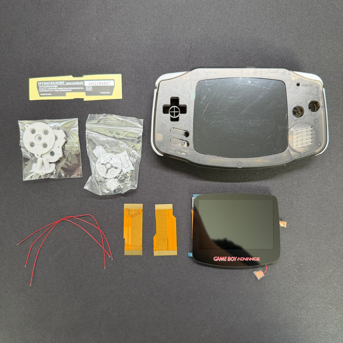 Game Boy Advance GBA Hispeedido V5 Laminated IPS LCD Drop-In Shell Kit + 1800mAh USB-C Battery - Transparent Black
