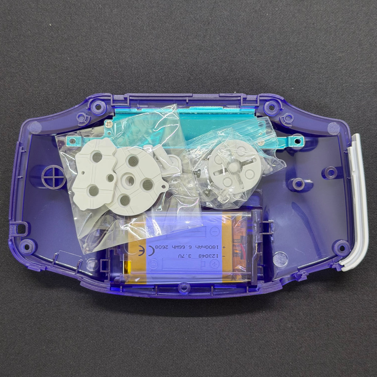 Game Boy Advance GBA Hispeedido V5 Laminated IPS LCD Drop-In Shell Kit + 1800mAh USB-C Battery - Transparent Purple