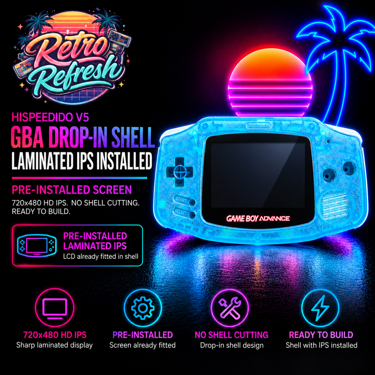 Game Boy Advance GBA Hispeedido V5 Laminated IPS LCD Drop-In Shell Kit + 1800mAh USB-C Battery - Transparent Blue
