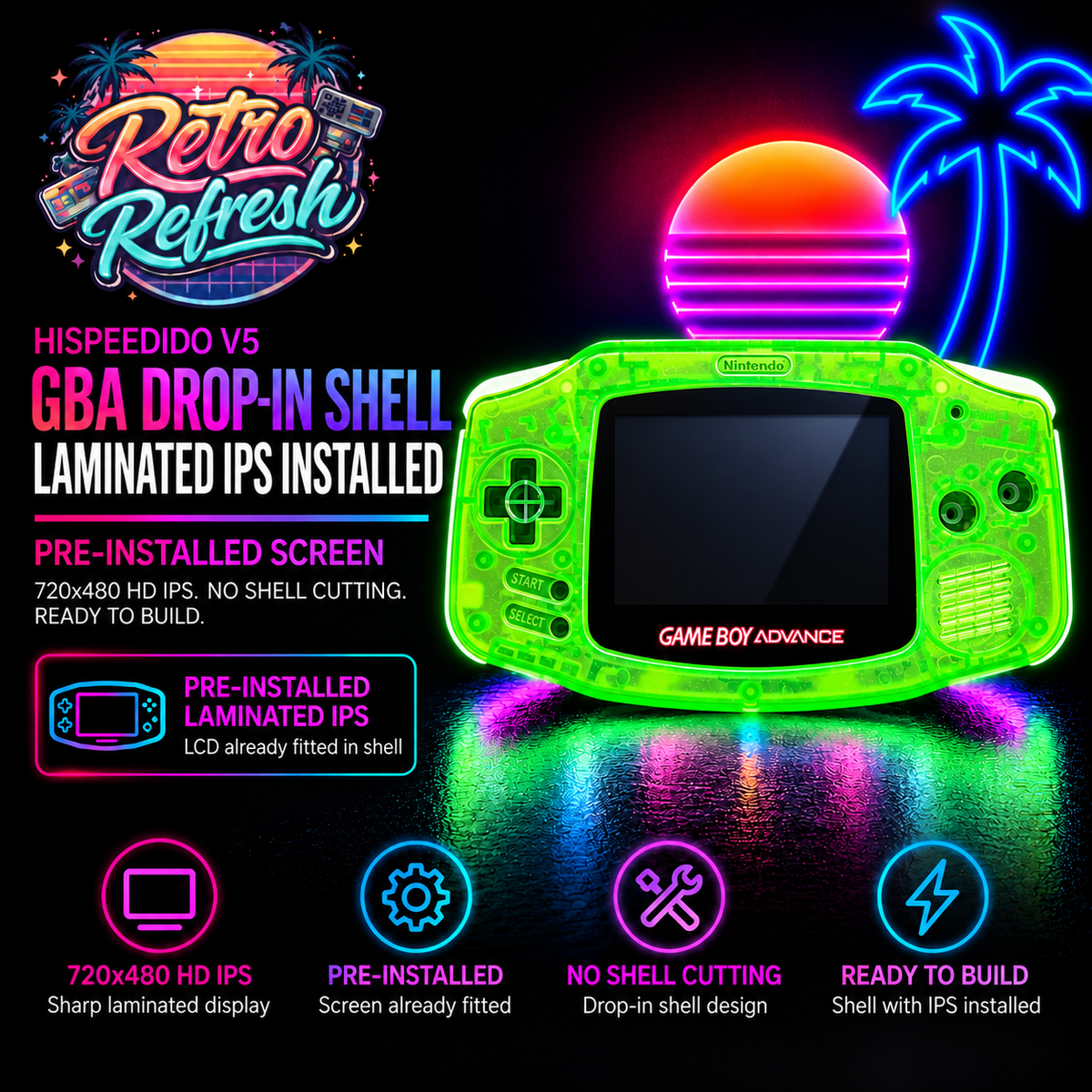 Game Boy Advance GBA Hispeedido V5 Laminated IPS LCD Drop-In Shell Kit + 1800mAh USB-C Battery - Transparent Green