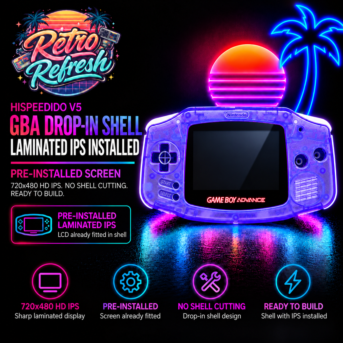 Game Boy Advance GBA Hispeedido V5 Laminated IPS LCD Drop-In Shell Kit + 1800mAh USB-C Battery - Transparent Purple