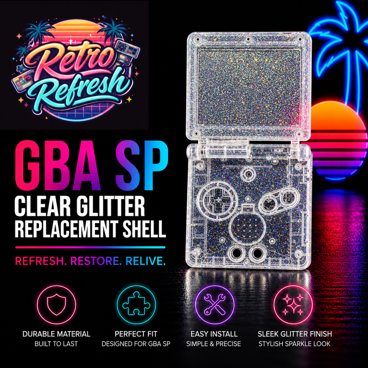 Game Boy Advance SP Full Replacement Shell Kit – Clear Glitter Housing with Buttons
