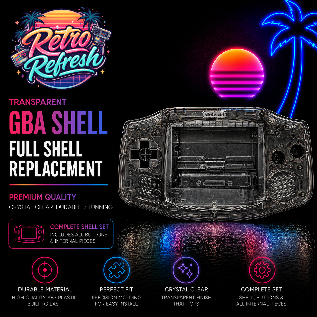 Game Boy Advance Full Replacement Shell Kit – Transparent Black Housing with Buttons