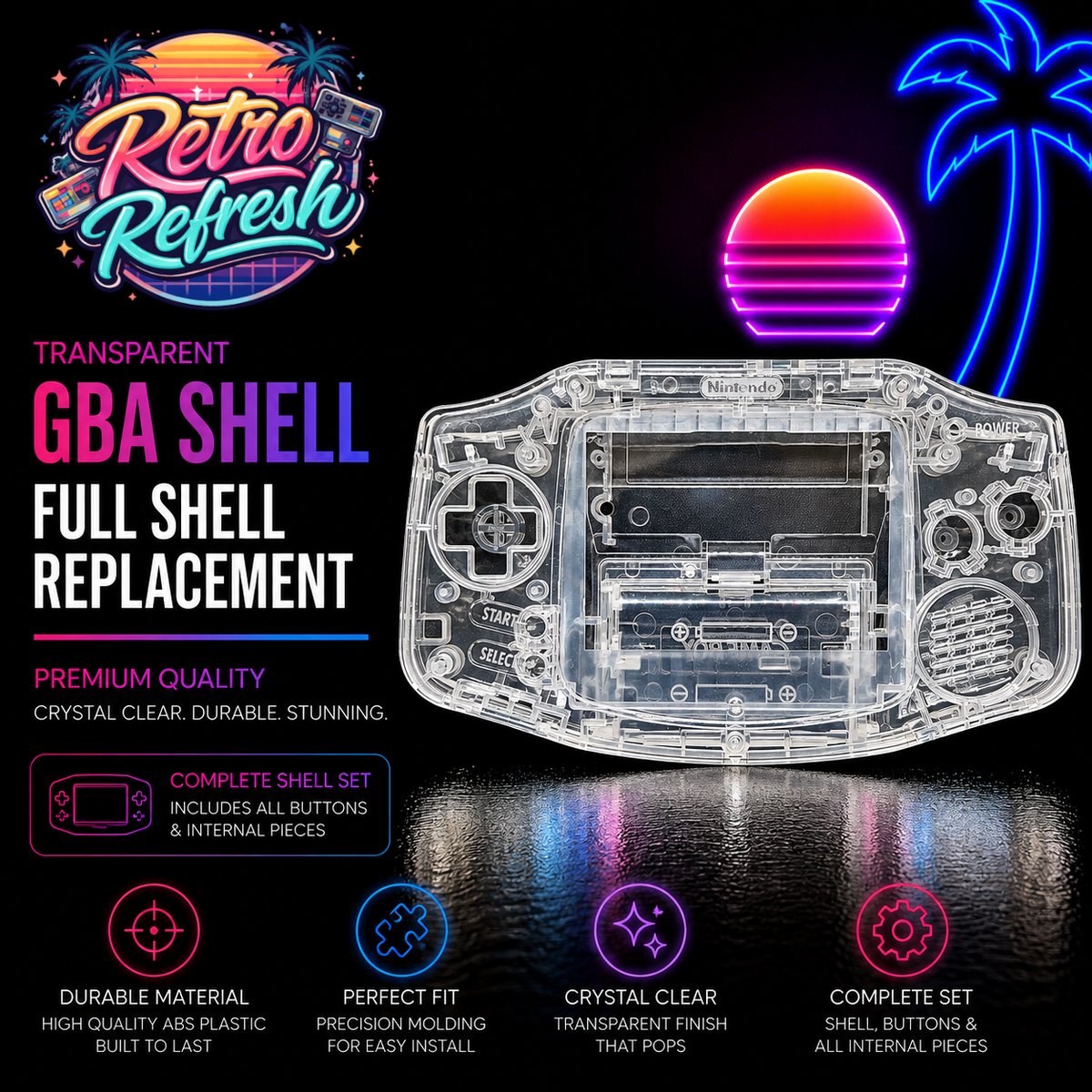 Game Boy Advance Full Replacement Shell Kit – Transparent Clear Housing with Buttons