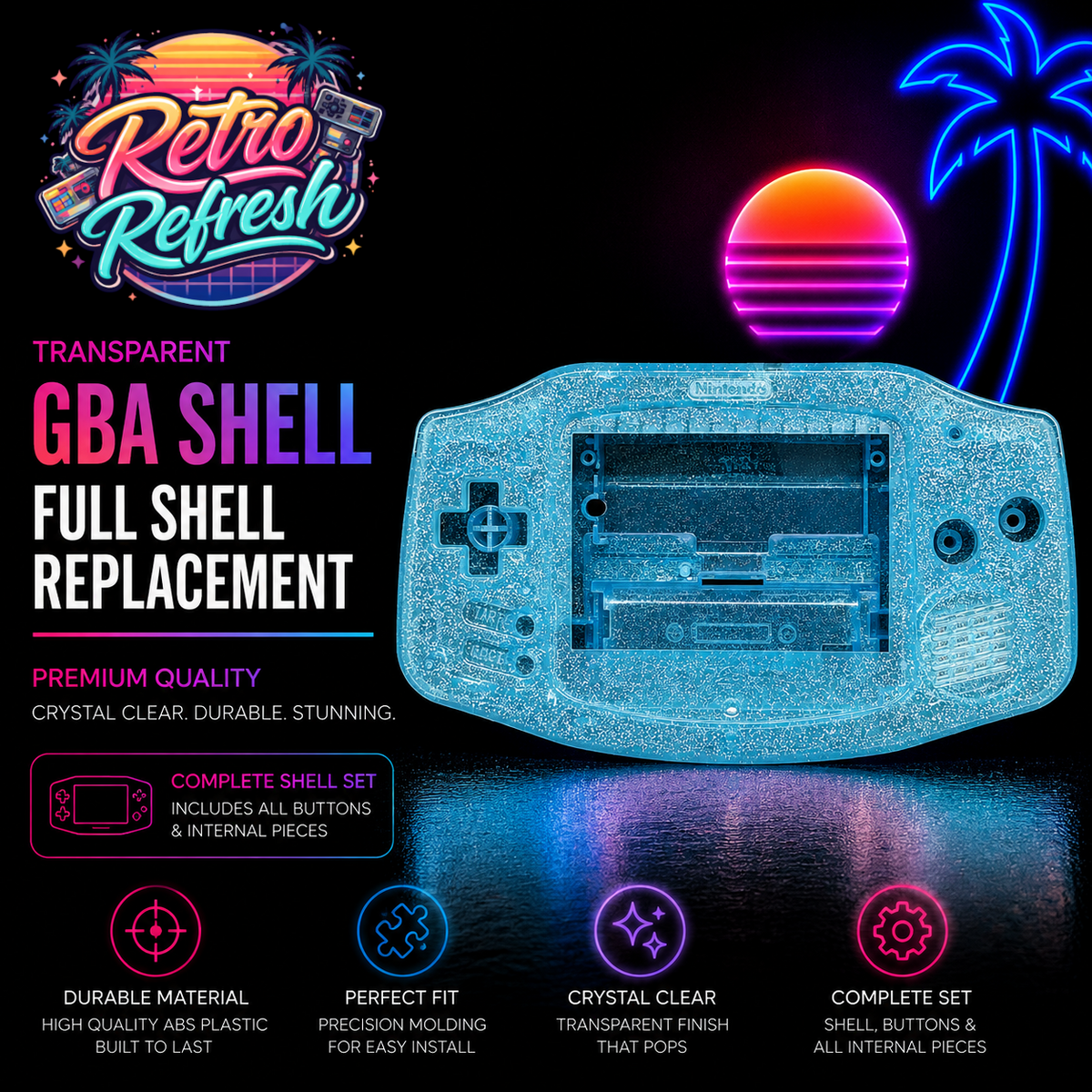Game Boy Advance Full Replacement Shell Kit – Transparent Glitter Blue Housing with Buttons