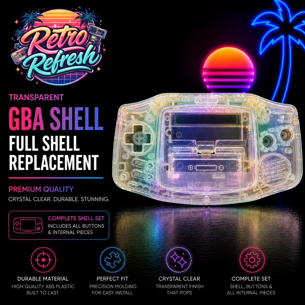 Game Boy Advance Full Replacement Shell Kit – Transparent Rainbow Housing with Buttons