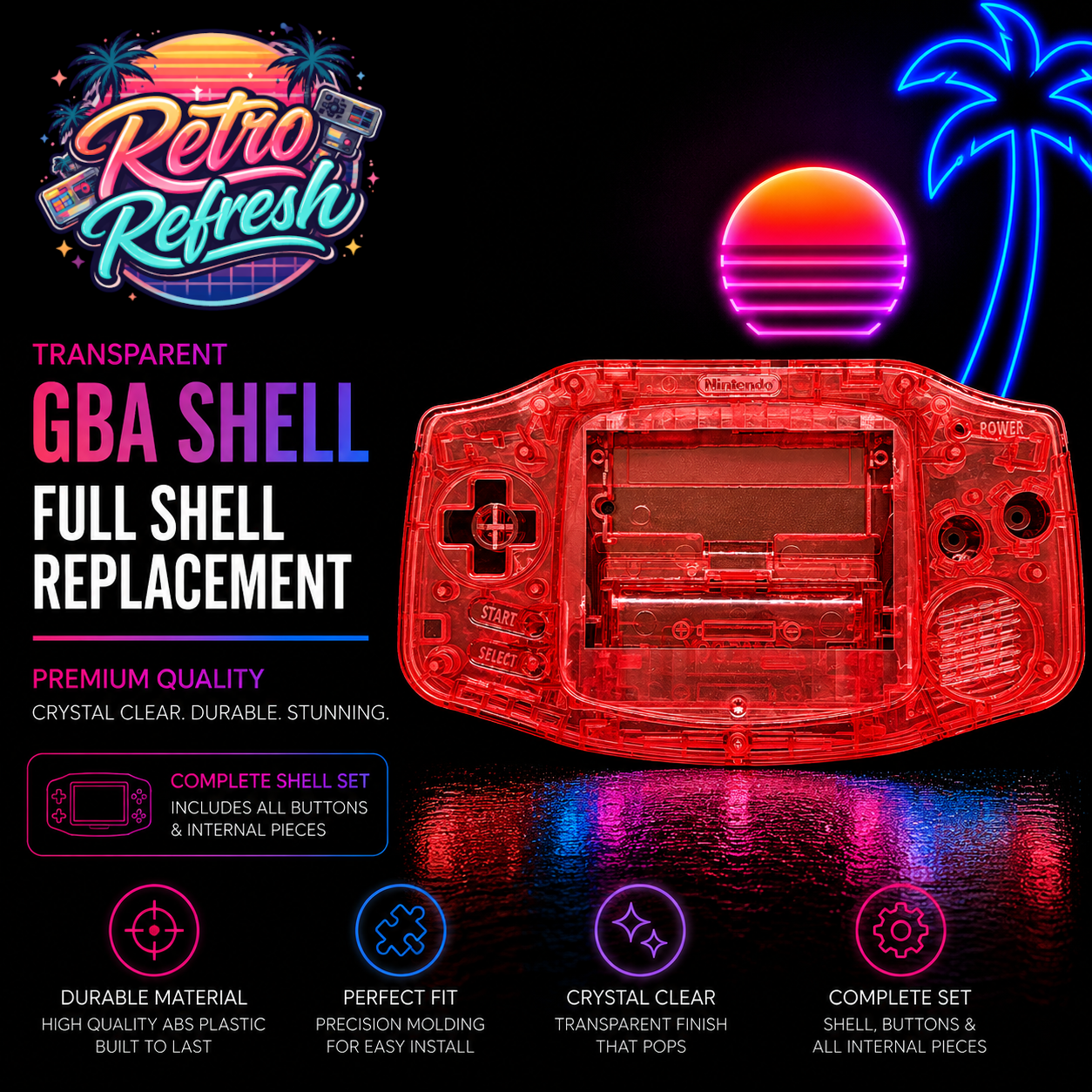 Game Boy Advance Full Replacement Shell Kit – Transparent Red Housing with Buttons