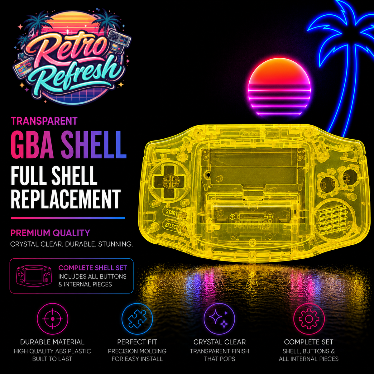 Game Boy Advance Full Replacement Shell Kit – Transparent Yellow Housing with Buttons