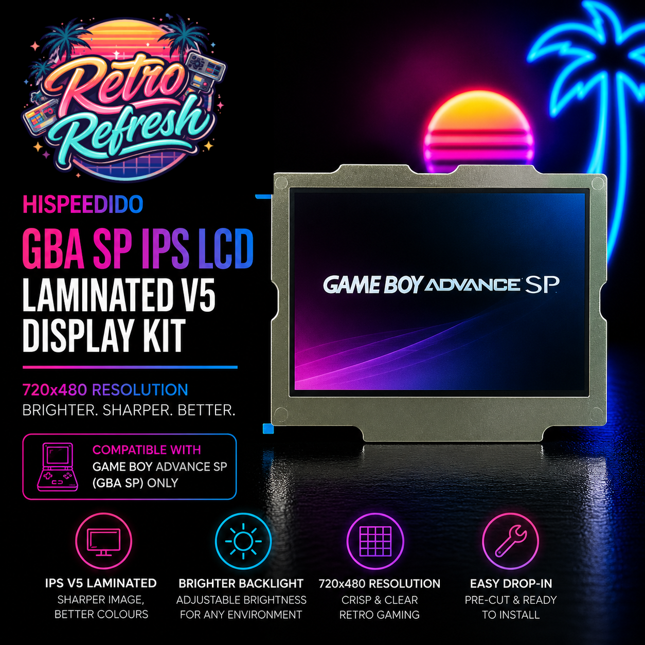 Hispeedido Drop In Laminated IPS LCD Panel for Game Boy Advance SP