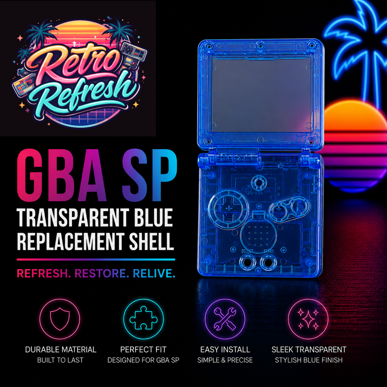 Game Boy Advance SP Full Replacement Shell Kit – Transparent Blue Housing with Buttons