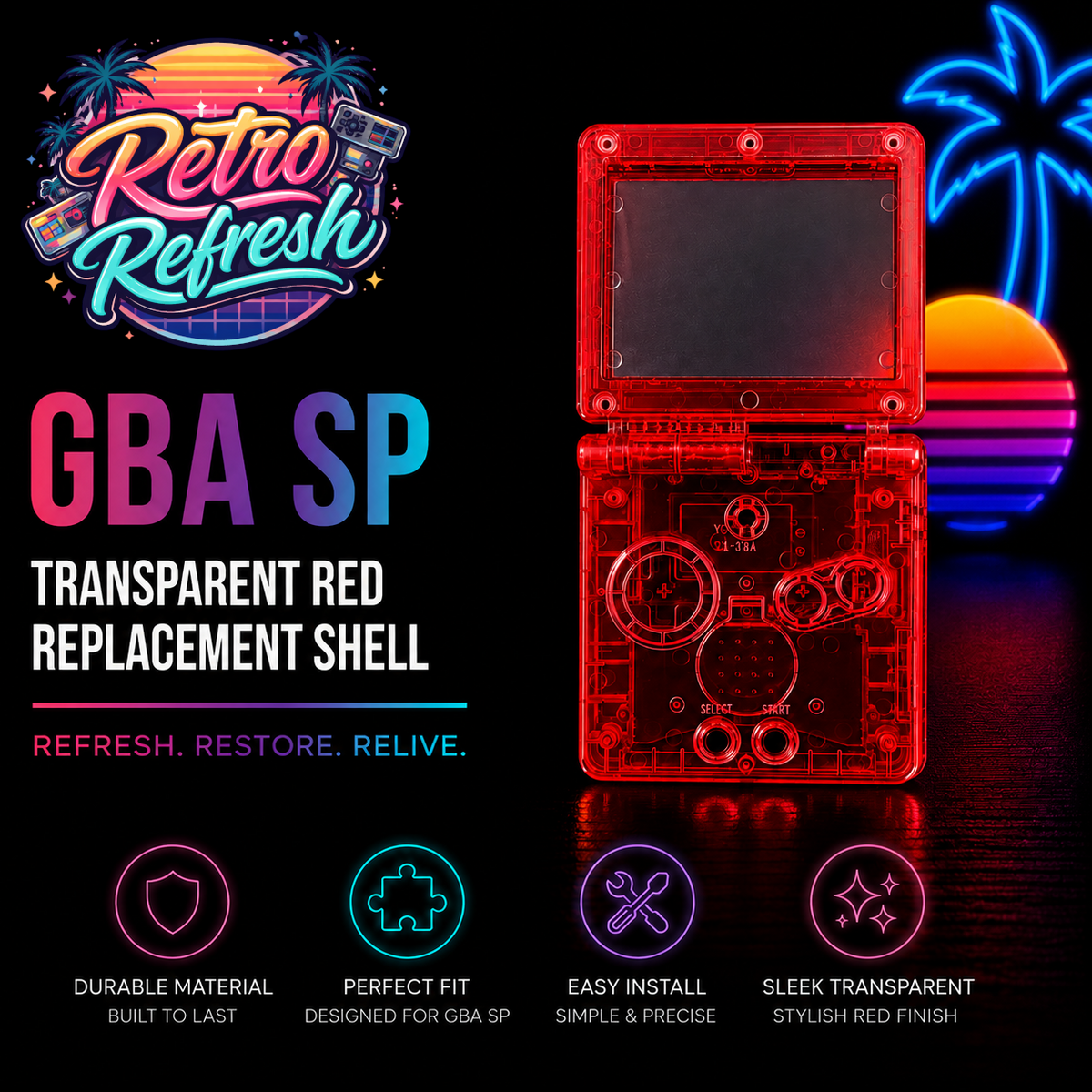 Game Boy Advance SP Full Replacement Shell Kit – Transparent Red Housing with Buttons