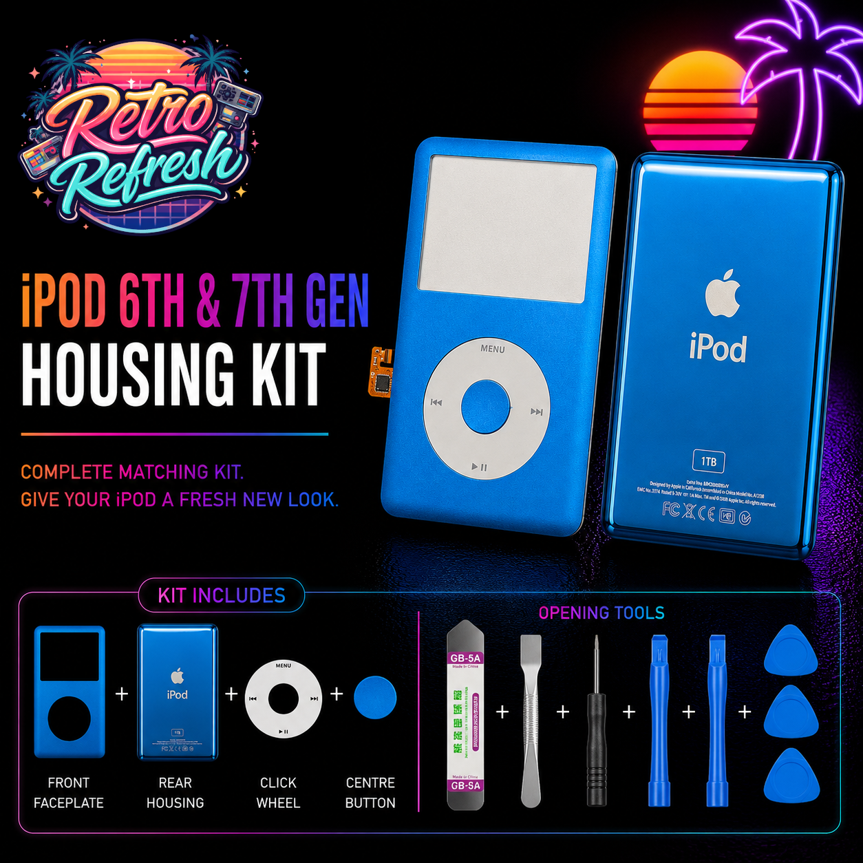 iPod Classic 6th 7th Gen Complete Housing Kit - Blue / White