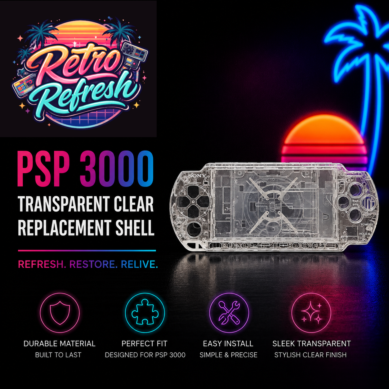 Premium PSP 3000 Full Replacement Shell Kit – Transparent Clear Housing with Buttons