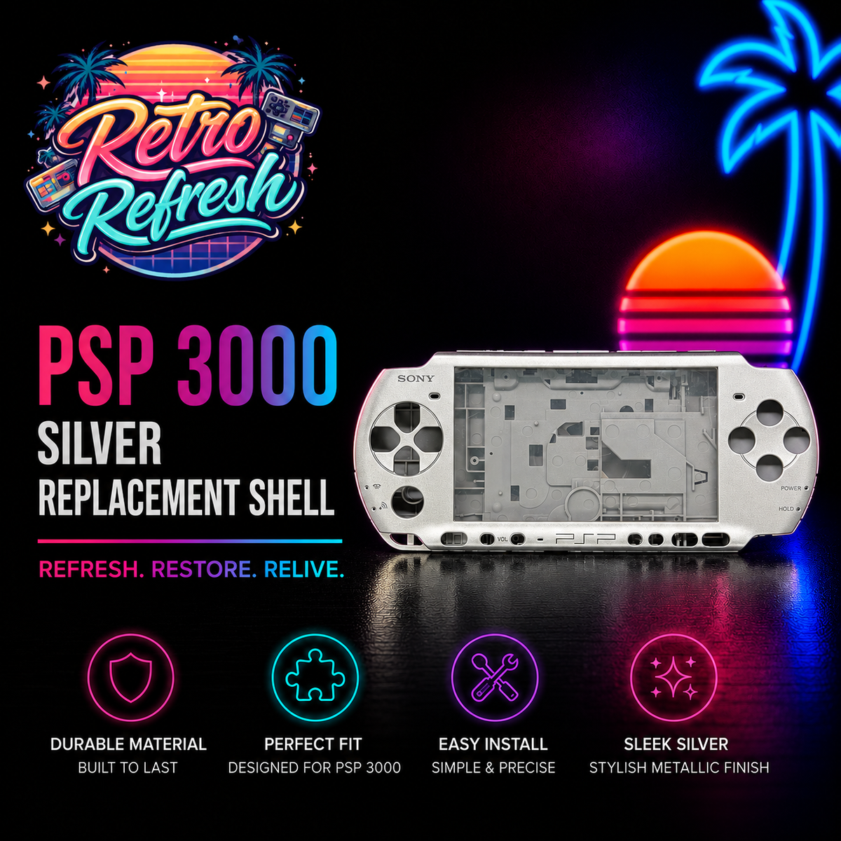 Premium PSP 3000 Full Replacement Shell Kit – Silver Housing with Buttons